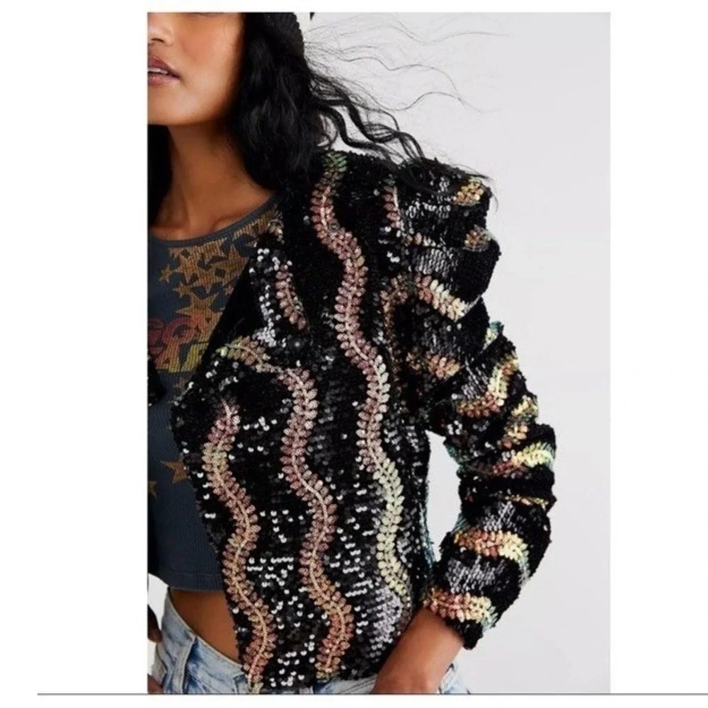 NWT Free People BlankNYC Beauty Spot Black Pink‎ Sequins Blazer Chic Bold XS